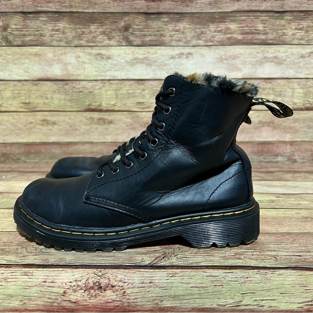Dr. Martens Black Leather Serena Cheetah Lining Lace Up Boots